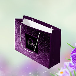 Birthday purple pink glitter monogram luxury large gift bag
