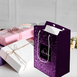 Birthday purple pink glitter monogram luxury medium gift bag