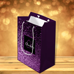 Birthday purple pink glitter monogram luxury medium gift bag