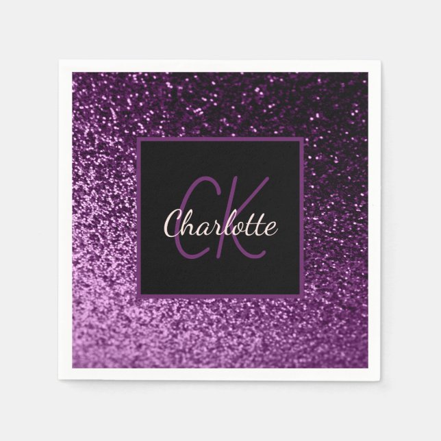 Birthday purple pink glitter monogram luxury napkins (Front)