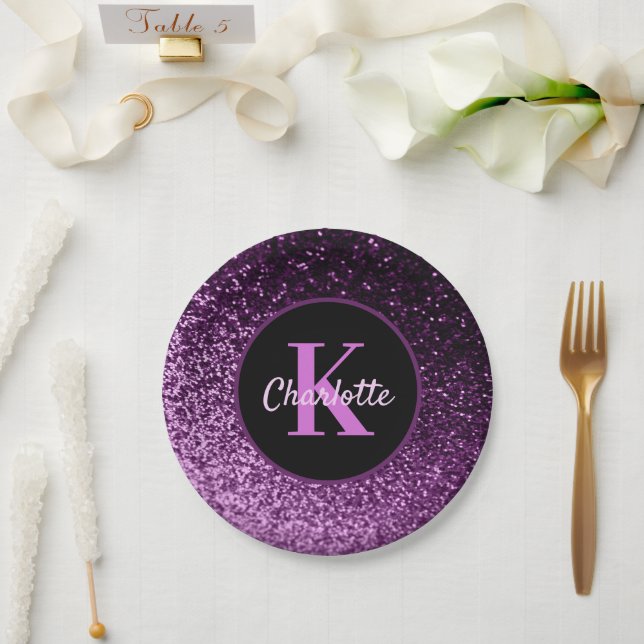 Birthday purple pink glitter monogram luxury paper plates (Wedding)