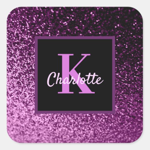 Birthday purple pink glitter monogram luxury  square sticker