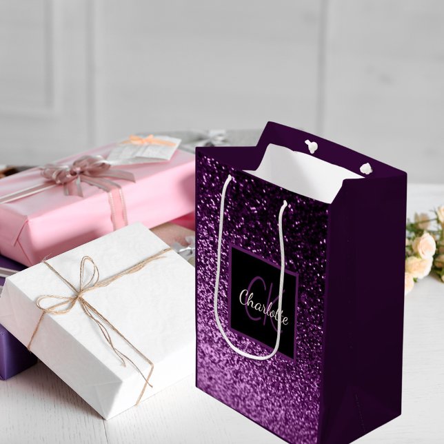 Birthday purple pink glitter monogram medium gift bag (Creator Uploaded)
