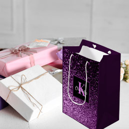 Birthday purple pink glitter monogram medium gift bag