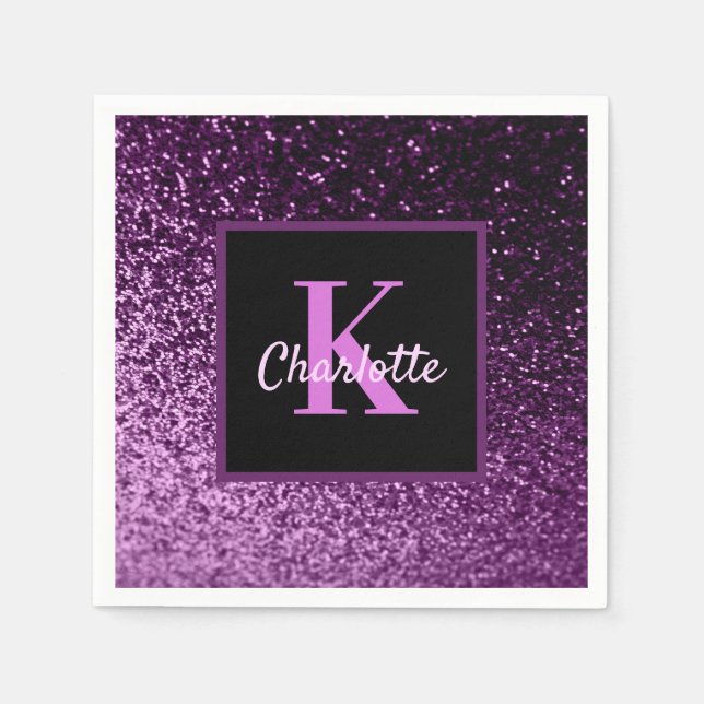 Birthday purple pink glitter monogram name napkins (Front)