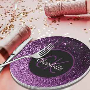 Birthday purple pink glitter monogram paper plates