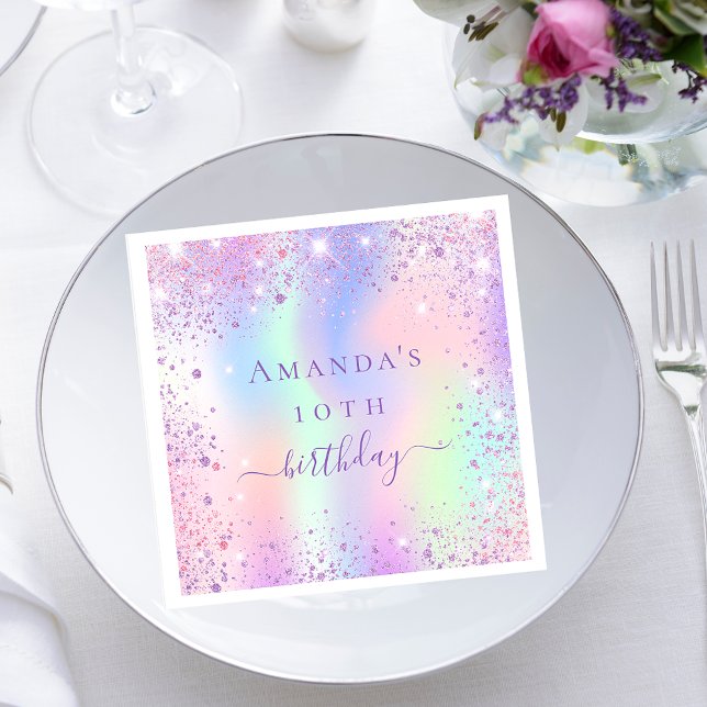 Birthday purple pink holographic name  napkins (Creator Uploaded)