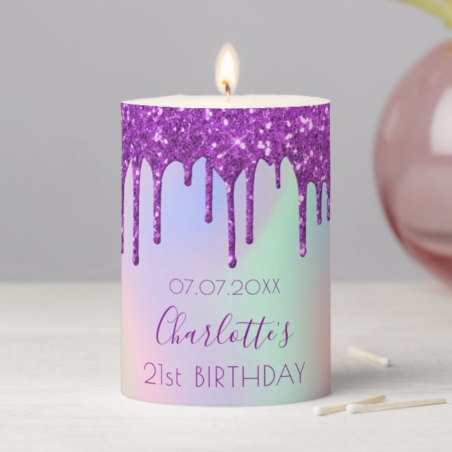 Birthday purple rainbow glitter drips monogram pillar candle (In Situ)