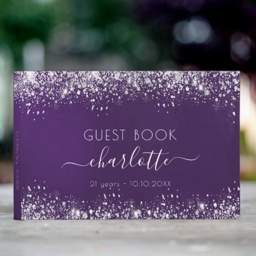 Birthday purple silver glitter dust monogram guest book