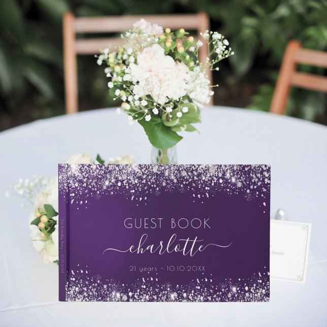 Birthday purple silver glitter dust monogram guest book (Creator Uploaded)