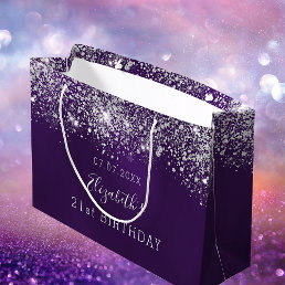 Birthday purple silver glitter dust monogram large gift bag