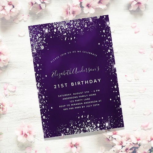Birthday purple silver glitter glamorous invitation