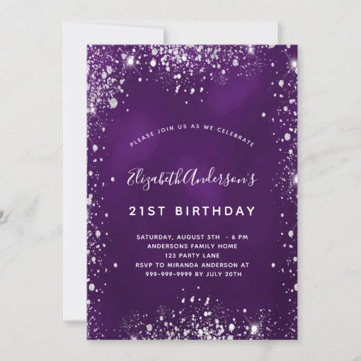 Birthday purple silver glitter glamorous invitation | Zazzle