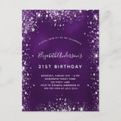 Birthday purple silver glitter glamorous invitation postcard (Front)