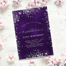Birthday purple silver glitter glamorous invitation postcard