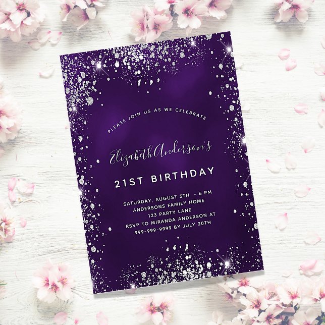 Birthday purple silver glitter glamorous invitation postcard