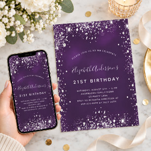 Birthday purple silver glitter invitation