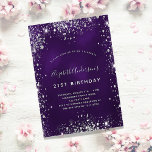 Birthday purple silver glitter invitation<br><div class="desc">A modern,  stylish and glamorous invitation for a 21st (or any age) birthday party.  A deep purple colored background with faux silver glitter dust.  The purple color is uneven. The name is written with a modern hand lettered style script.  Personalize and add your party details.</div>