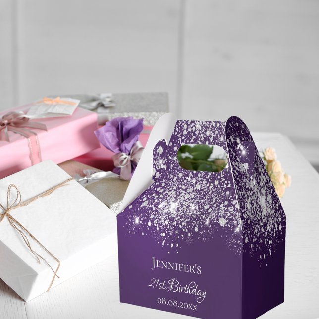 Birthday purple silver glitter name thank you favor boxes (Creator Uploaded)