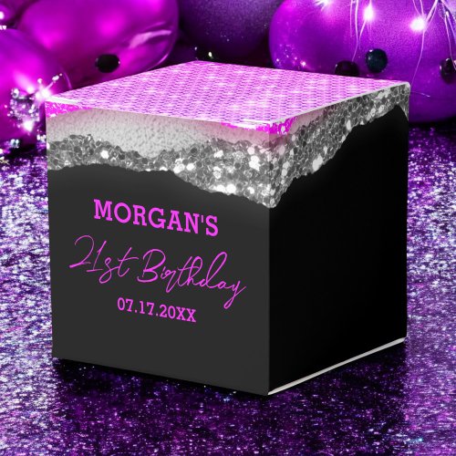 Birthday Purple Silver Glitter Name Thank You Favor Boxes