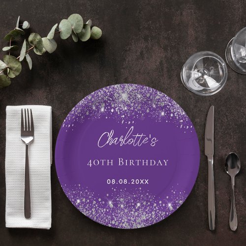 Birthday purple silver glitter sparkles paper plates