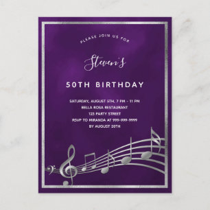 Birthday purple silver music notes invitation