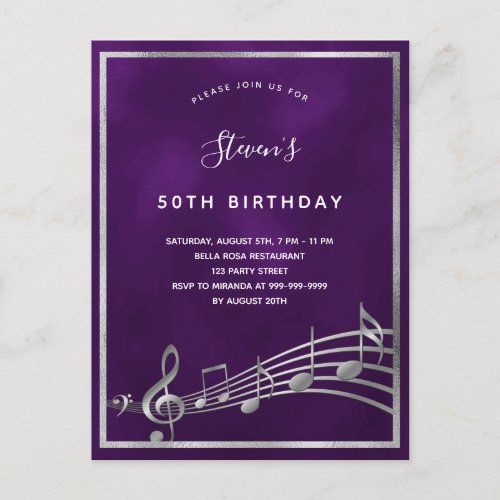 Birthday purple silver music notes invitation