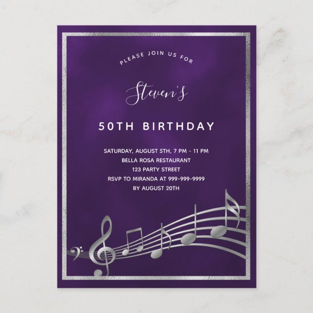 Birthday purple silver music notes invitation (Front)