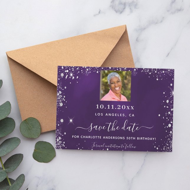 Birthday purple silver photo save the date (Creator Uploaded)