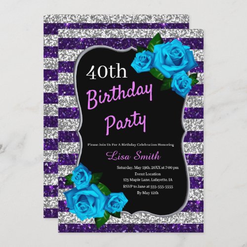 Birthday Purple Silver Stripes Glitter Blue Roses Invitation