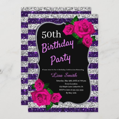Birthday Purple Silver Stripes Glitter Pink Roses Invitation