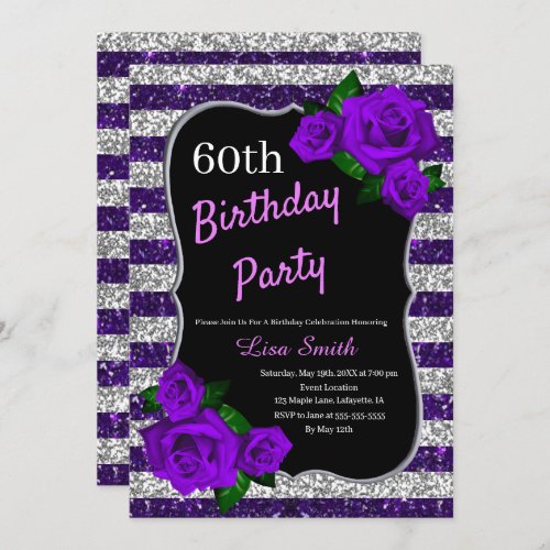 Birthday Purple Silver Stripes Glitter Purple Rose Invitation