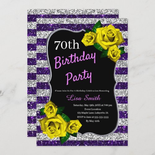 Birthday Purple Silver Stripes Glitter Yellow Rose Invitation