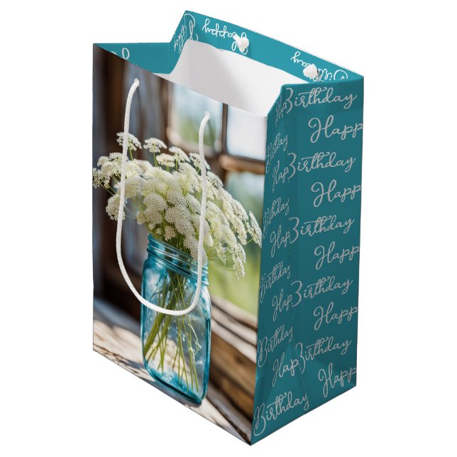 Birthday Queen Anne's Lace In Aqua Mason Jar Medium Gift Bag (Front Angled)