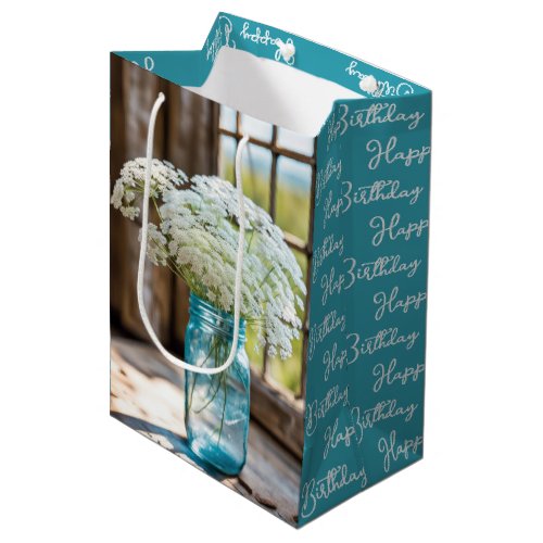 Birthday Queen Annes Lace In Aqua Mason Jar Medium Gift Bag