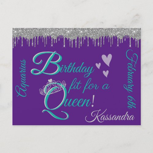 Birthday Queen Aquarius Glitter Drip Postcard