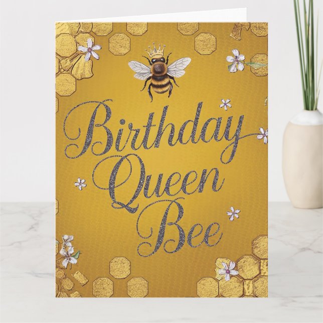 Birthday Queen Bee - Stylish Gold Honeycomb Design Card (Front)