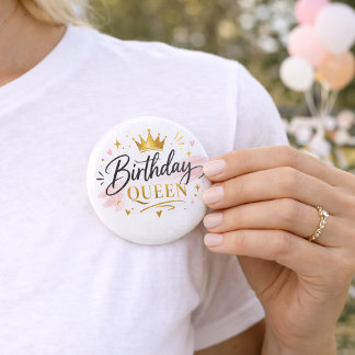 Birthday Queen Elegant Script with Gold Crown Button