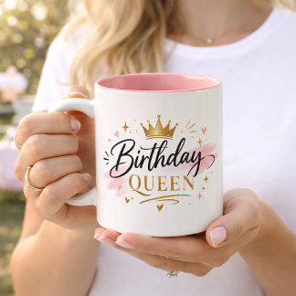 Birthday Queen Elegant Script with Gold Crown Two-Tone Coffee Mug