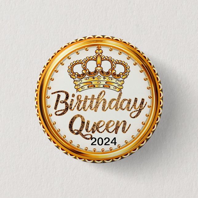 Birthday Queen Gold Crown Party 2024 Girls Bday Button (Front)
