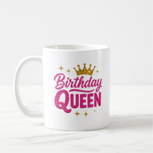 Birthday Queen Mug – Pink Glitter Text & Gold Crow