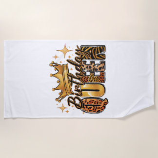 Birthday Queen with Golden Crown Leopard Beach Towel