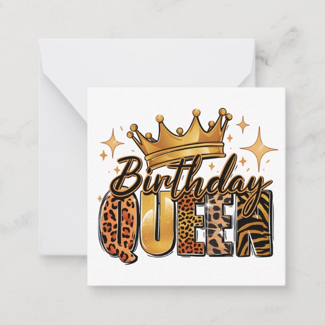 Birthday Queen with Golden Crown Leopard Note Card (Front)