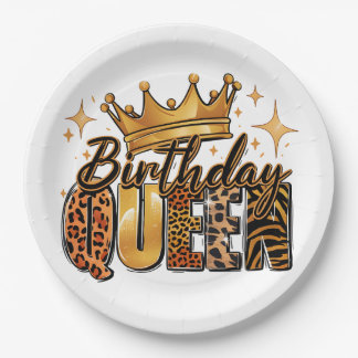 Birthday Queen with Golden Crown Leopard Paper Plates
