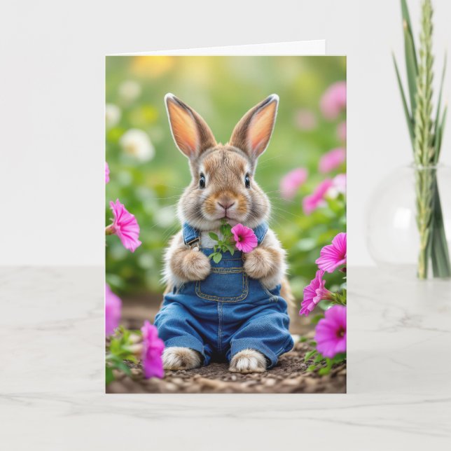 Birthday Rabbit Eating Pink Petunia Flowers Card (Front)