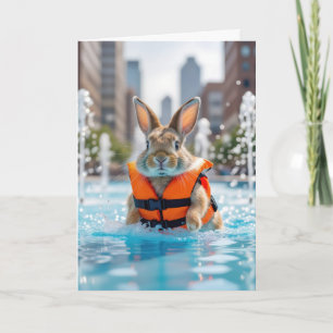 Birthday Rabbit In a City Fountain Card