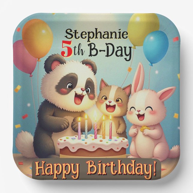Birthday Rabbit Panda Cat Animals  Paper Plates (Front)