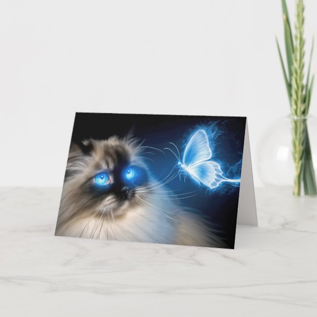 Birthday Ragdoll Cat With Blue Neon Butterfly Card (Front)