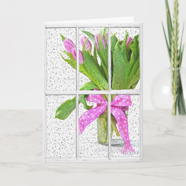 birthday rain on window with tulips card (Front)