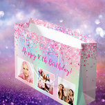 Birthday rainbow blush pink glitter dust photo large gift bag<br><div class="desc">For a girly and glamorous 16th (or any age) birthday.  A rainbow,  holographic colored background withblush pink,  rose gold and purple glitter dust. Personalize and add 3 photos and age 16/text.</div>